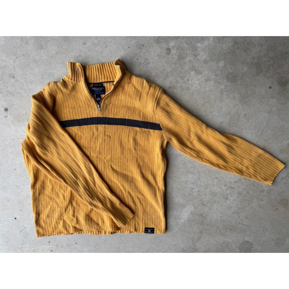 American Eagle Vintage Slim Fit Ribbed Knit Quarter Zip Sweater - Gold/Black - L